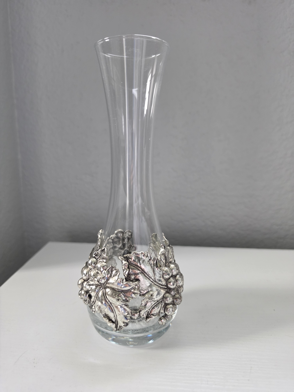 Arthur Court Clear Glass Bud Vase with Silver Grape Motif